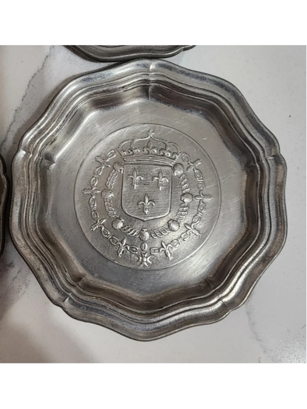 Title: Vintage French Pewter Etain d’Art Heraldic Coasters Small Dishes Set of 4